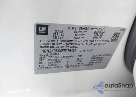 2015 Chevrolet Tahoe Ltz from USA, damaged, VIN 1GNSKCKC4FR276494